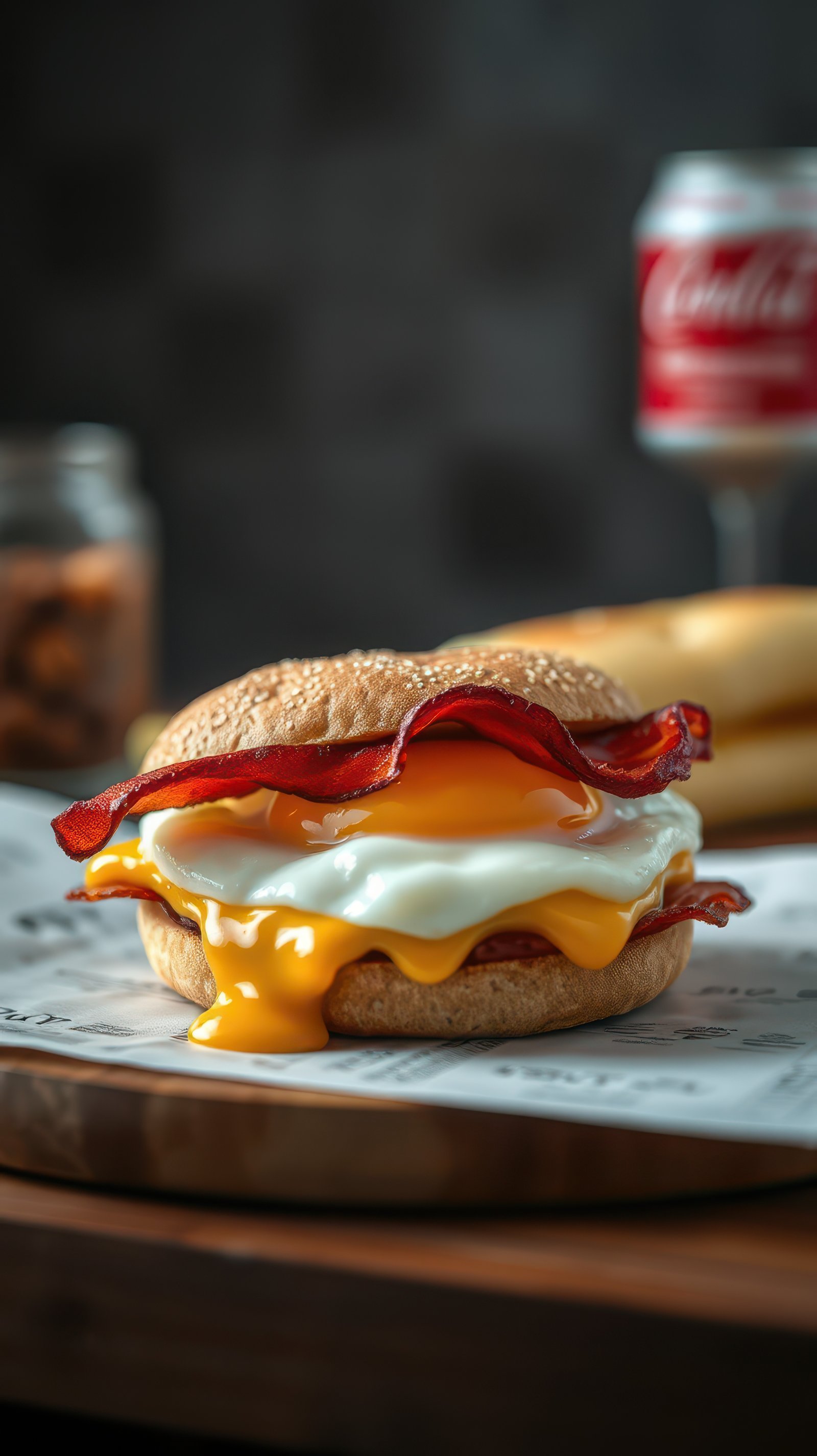 Delicious breakfast sandwich with bacon and egg on a wooden table at a cozy cafe in the morning